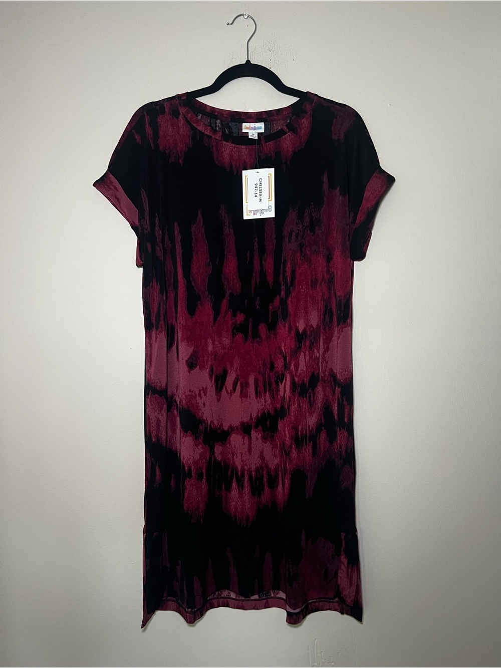 LuLaRoe Chelsea Tshirt Dress - Black & Burgundy Tie-Dye